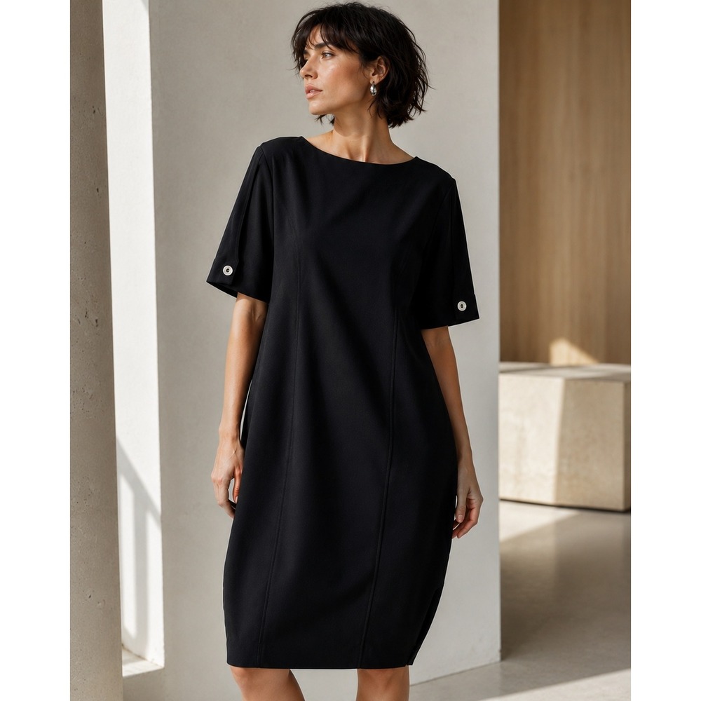 Marimekko Lilja Black Cocoon Shift Dress Button Sleeve Minimalist 42 US 12